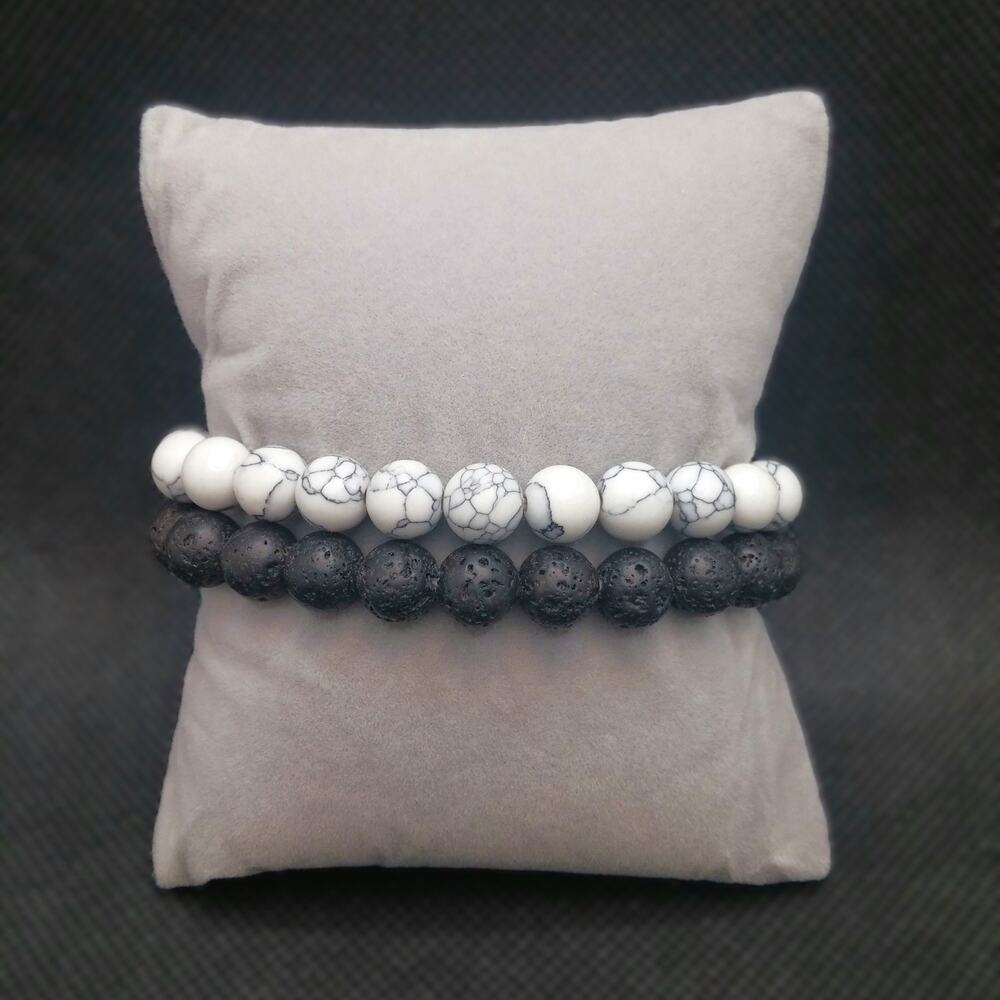 Two Gemstone Beaded Bracelets Artisan Made White Howlite Black Lava Stone NEW